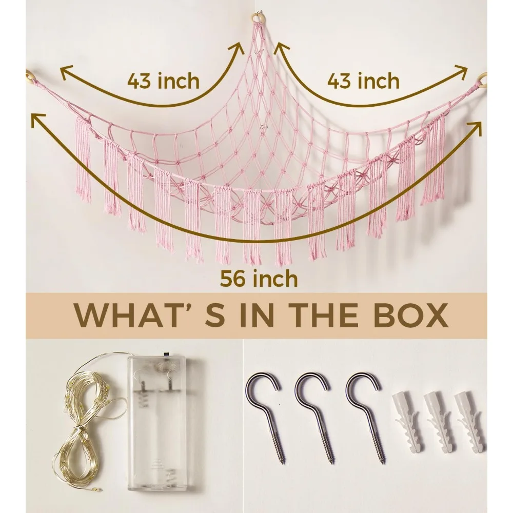 Stuffed Animal Hammock Corner Net with LED Light - Toy Storage Holder - Pink Cute Room Bedroom Decor for Teen Girls - Cute Bedro