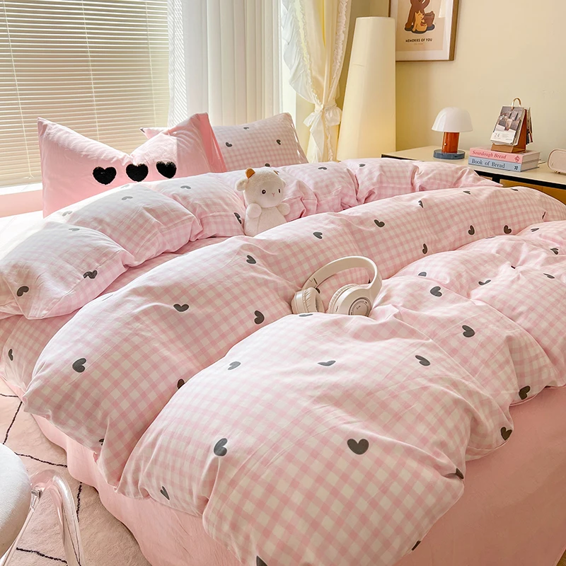INS Einfarbiges, minimalistisches Muster-Bettwäsche-Set für Erwachsene und Kinder, rosa, niedliches Spannbetttuch mit Kissenbezügen, bunt, King-Size-Größe – Detail 4