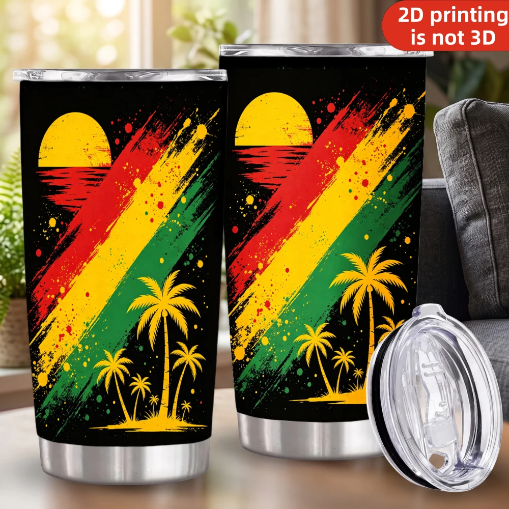 20oz Rasta Reggae Sunset Printed Stainless Steel Tumbler with Lid and Straw, Tropical Palm Trees Jamaican Flag Color Splash Vacuum Insulated Travel Coffee Mug Summer Gifts