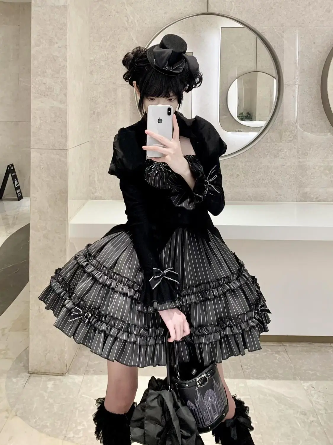New Dark Gothic Lolita Halloween 2 Piece Set Fake Layered Bell Sleeve Top and Striped Mini Skirt Y2k Aesthetic Atmosphere Outfit