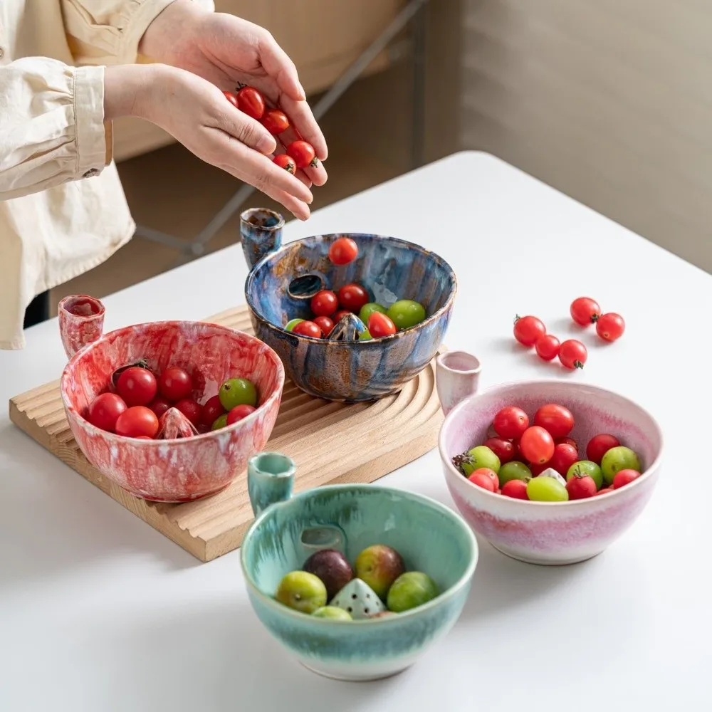 Ceramic Automatic Fruit Washer Bowl Self-Spinning Vortex-Style Fruit Cleaning Bowl Large Capacity Auto-Rinse Vegetable Colander