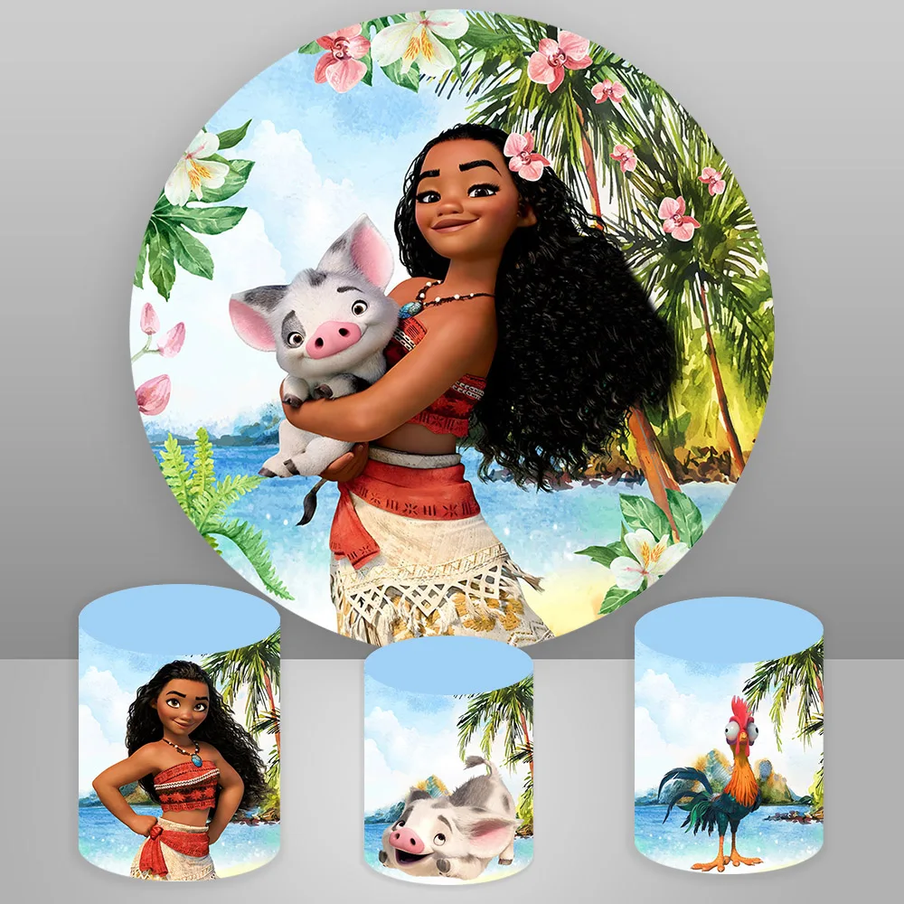 Disney Moana Photo Backdrop Princess Birthday Party Hawaii Beach Round and Cylinder Covers Fabric Photo Background Decoration