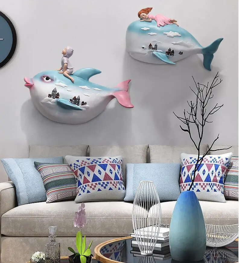 Modern Girl Boy Whale Resin Wall Murals Home Livingroom Children's Room Hanging Decoration Hotel Porch Sticker Crafts