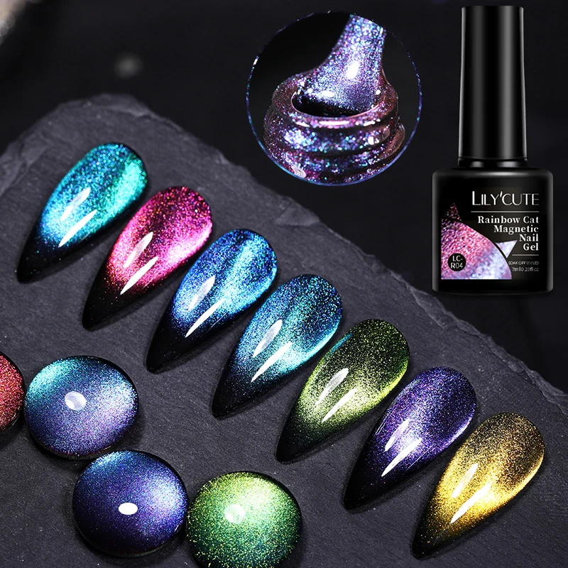 LILYCUTE 7ml Laser 9D Cat Magnetic Gel Nail Polish Semi Permanent Nail Art Soak Off UV Gel Different Colors At Different Angles