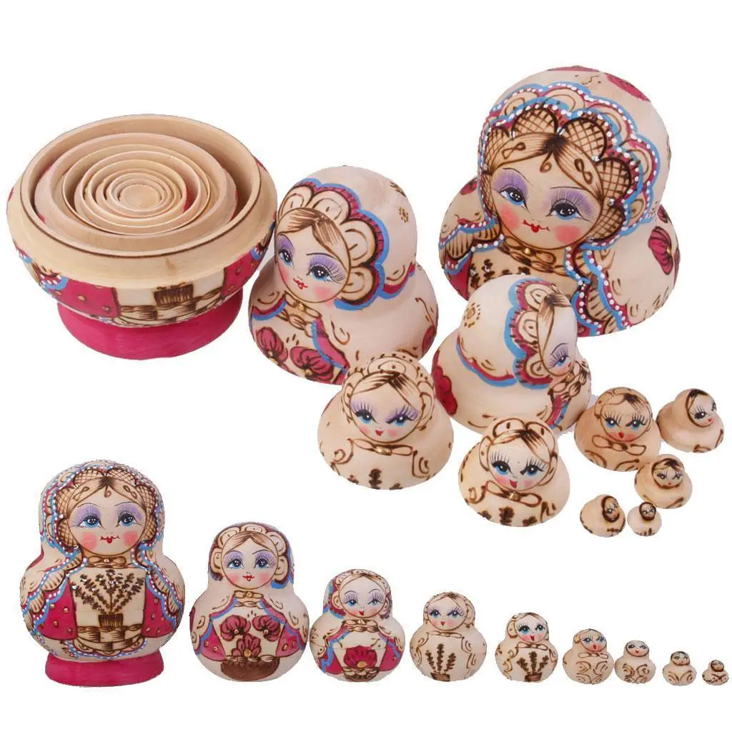 Set mit 10 russischen Babuschka-Nistpuppen aus Holz, handbemalt, Elfe der Elfe