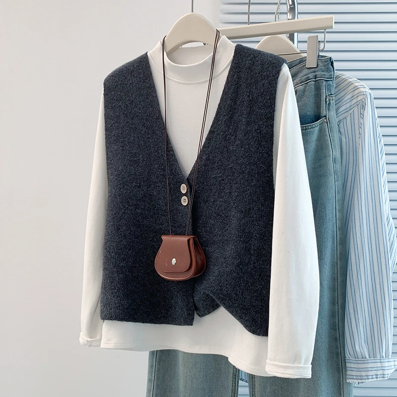 

Ele Knitted ort Vest Women's Faionable Layered Suit Top Pure Color V-Ne Single Button Thin Autumn Outerwear