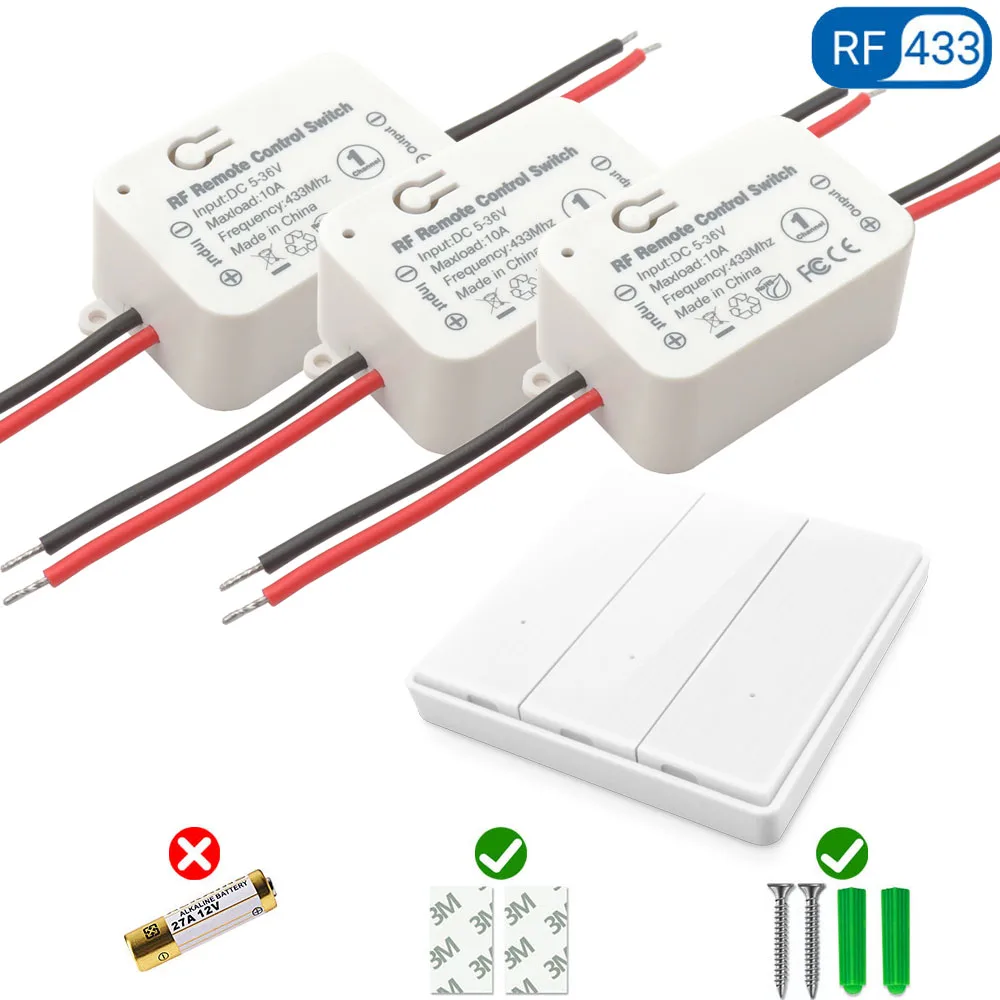 12V Kabelloser Lichtschalter mit Fernbedienung 1/2/3-fach 433MHz Druckknopf Wandschalter 24V 6V Relais-Empfänger für LED Elektrische Türen