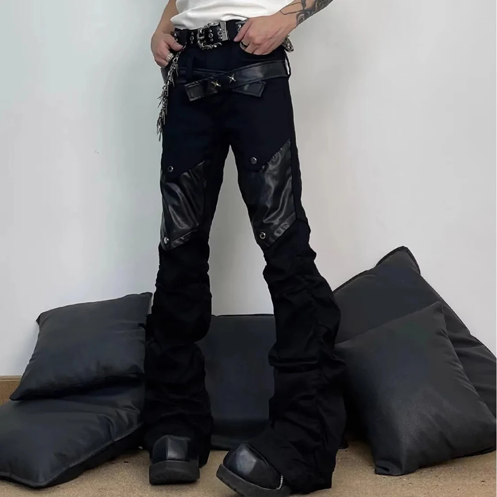 

Mens Pu Leather Patchwork Rock Washed Jeans Streetwear Fashion Dark Nightclub Punk Youth Casual Pants Men'S Clothing 2026 New