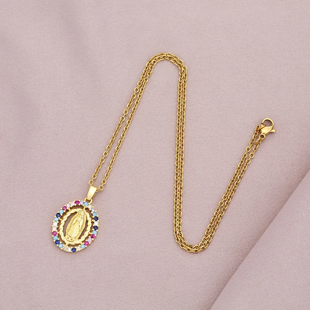 Halskette mit dem Motiv der Jungfrau Maria für Damen, bunter Zirkon-Anhänger, goldfarbene Kette, modischer Schmuck für Frauen, geeignet für Gebete und Partys. – Detail 5