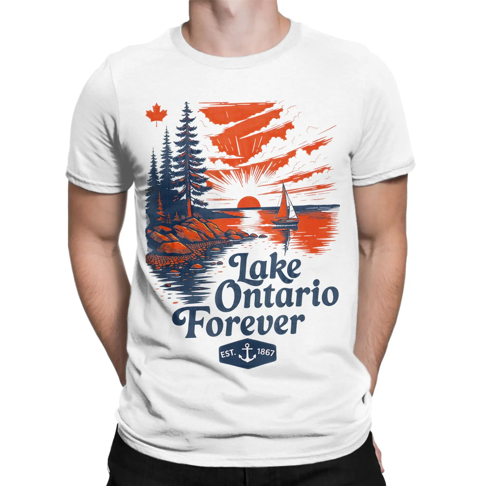Men T-Shirt Sailboat Amazing Pure Cotton Tee Shirt Short Sleeve Lake Ontario  T Shirts Crew Neck Tops 4XL 5XL 6XL