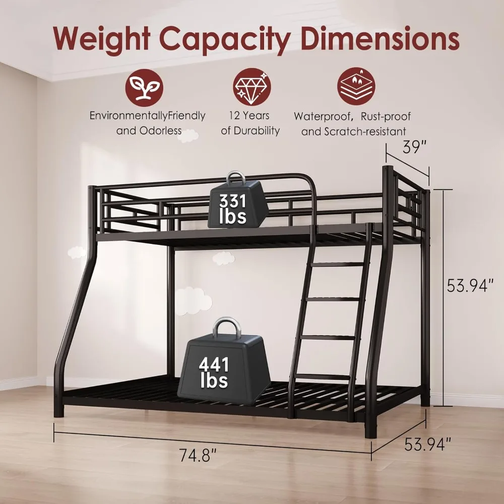 سرير معدني مزدوج الحجم بطابقين كامل الحجم للبالغين والأطفال، سرير مزدوج بطابقين كامل، أسرّة بطابقين منخفضة مع حاجز حماية بطول #2