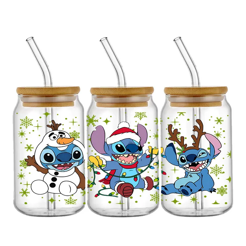 Disney Stitch Christmas Stickers UV DTF Cup Wrap Transfers Stickers 16oz Libbey Glass Tumbler Can Selfadhesive Waterproof Decal