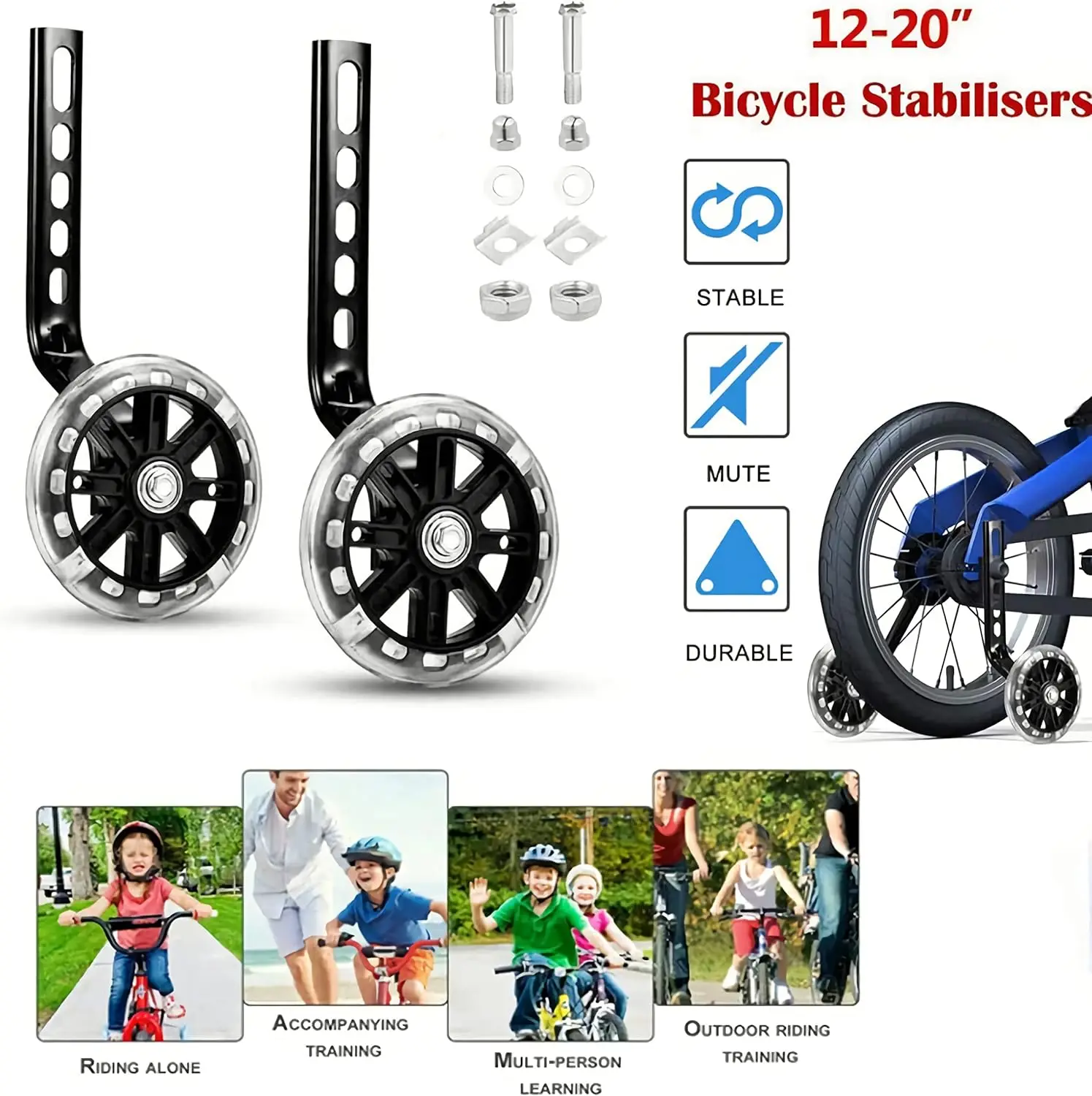 Kids Bike Training Wheels Stabiliser Flash Mute Wheel Bicycle Stabiliser Mounted Kit for 12 14 16 18 20 Inch Kids Boy Girls Bike