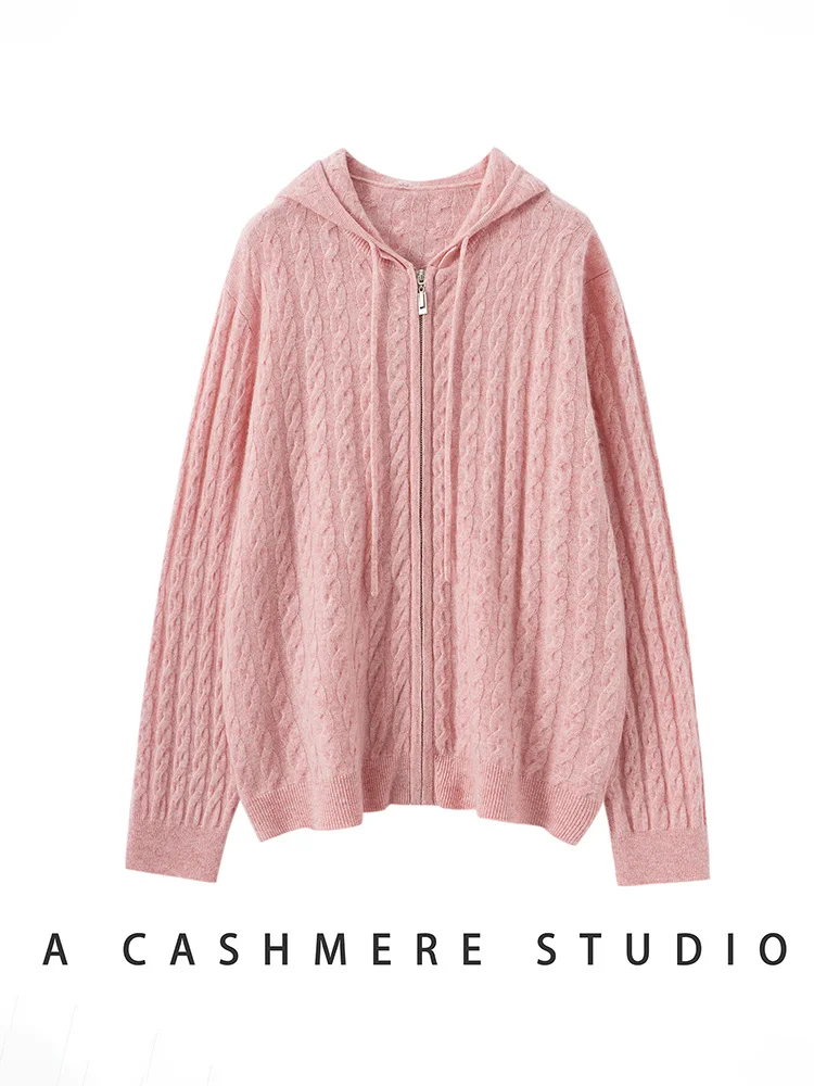 

2025 New Women 100% Cashmere Sweater Loose Lazy Zipper Hooded Cardigan Autumn Winter Soft Warm Cable Kint Knitwear Casual Style