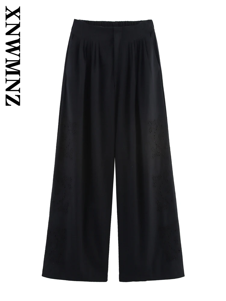 

XNWMNZ 2025 Summer New Lady Casual Vintage embroidery High Waist Commuting Spring Woman's Black Shirring Long Pants Chic