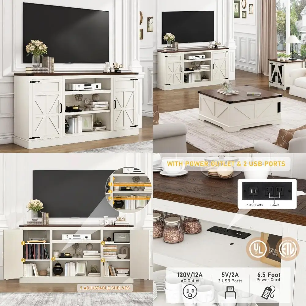 66-inch Farmhouse Style TV Stand with Power Outlets for 75-inch TVs and 33-inch Tall Entertainment Center with Storage and Adjus
