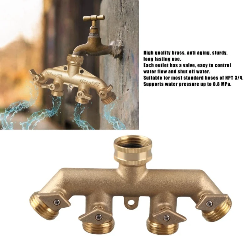 Hose Splitter 4 Way Water Tap Hose Connectors Distributor Garden Water Splitter NPT 3/4