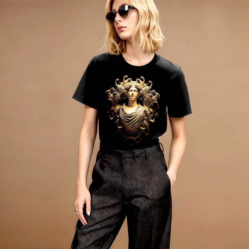 Chun yu yin jia Designer luxury brand High Quality 3D Portrait Pattern Print graphic Short Sleeved Black t-Shirt Women tee