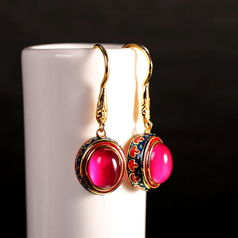 Classic Ethnic Style Natural Carnelian Vintage Pattern Enamel earrings for women Long Ancient gold crafts earings Jewelry gift