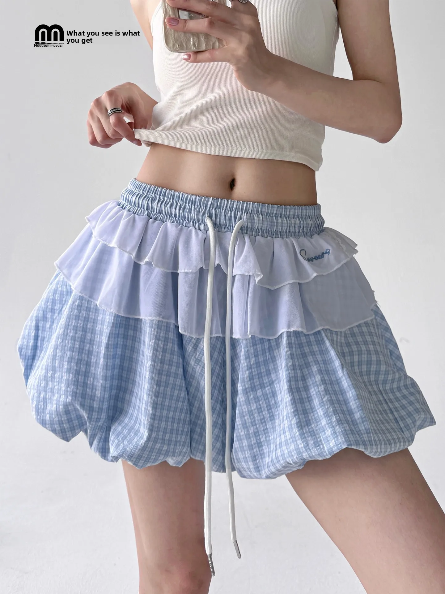 

Blue Plaid Casual Loose Women's Skirt High Waist A-Line Summer 2025 Faion Ele Slimming ort Skirt Polyester Cotton Blend
