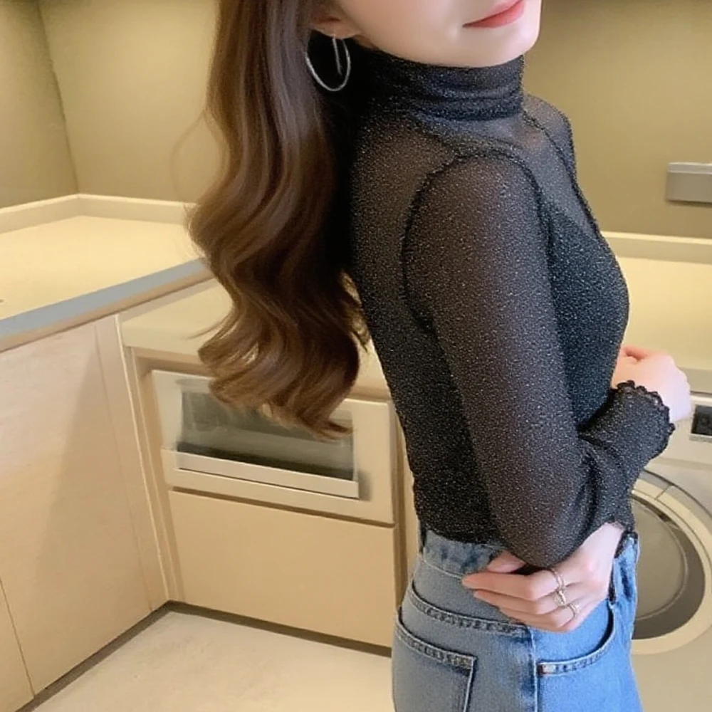 See Through Shiny Lace T Shirt Women Clothing S-3XL Long Sleeve Sheer Stretch Y2K Mesh T-Shirt Pink Girl Slim Top Female Blouses