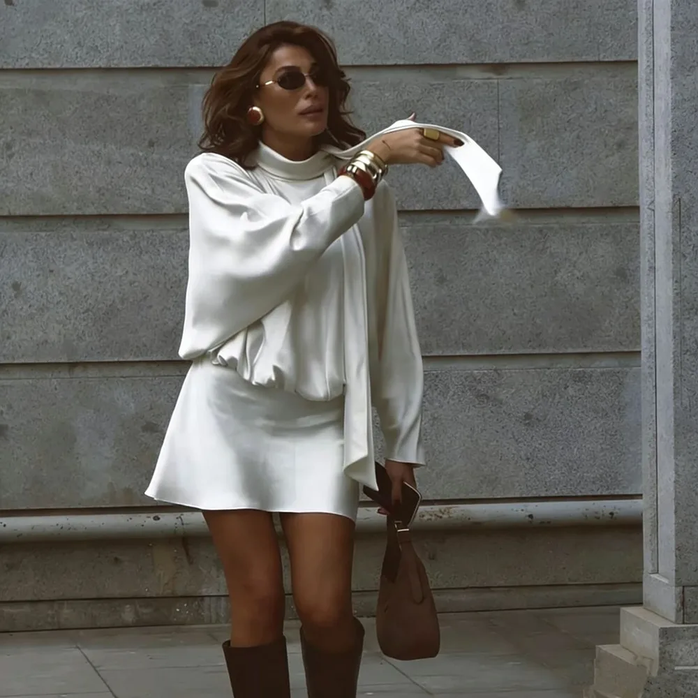 2026 Lente Nieuwe Elegante Satijnen Sjaalkraag Mini-jurk Vrouwen High Street Lange Mouw Korte Jurk Mode Dames Chique Jurken