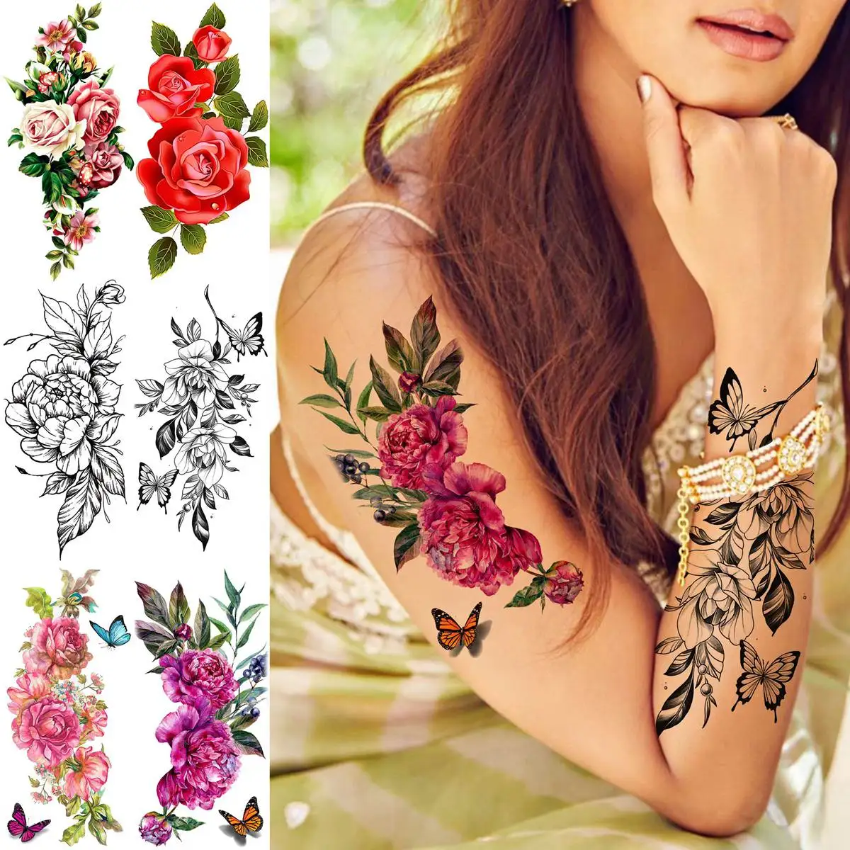 18 Sheets Watercolor Flower Temporary Tattoos For Women Adults Body Art Tattoo Sticker Fake Butterfly Rose Floral Tatoos Paste