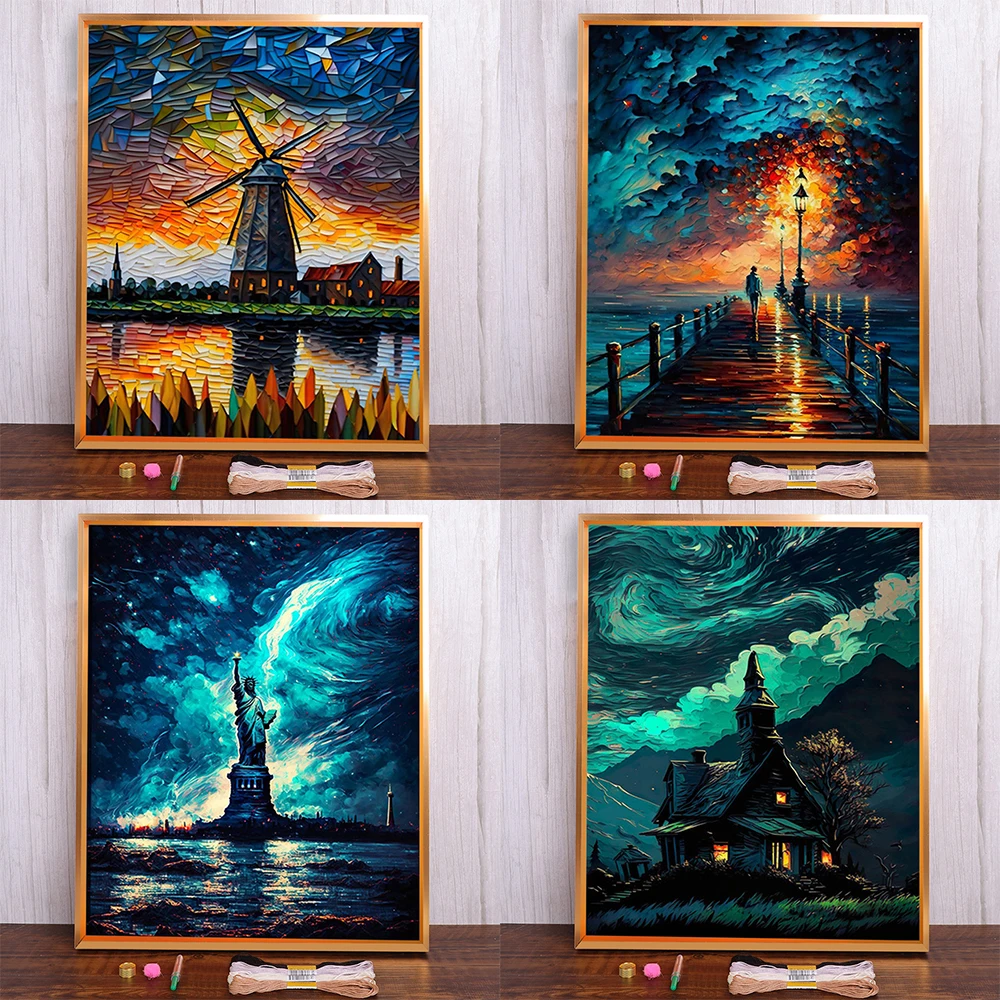 Landscape Statue Of Liberty Cross Stitch DIY Embroidery Complete Kit Sewing Handmade Handicraft Hobby Room Decor Sales Needle