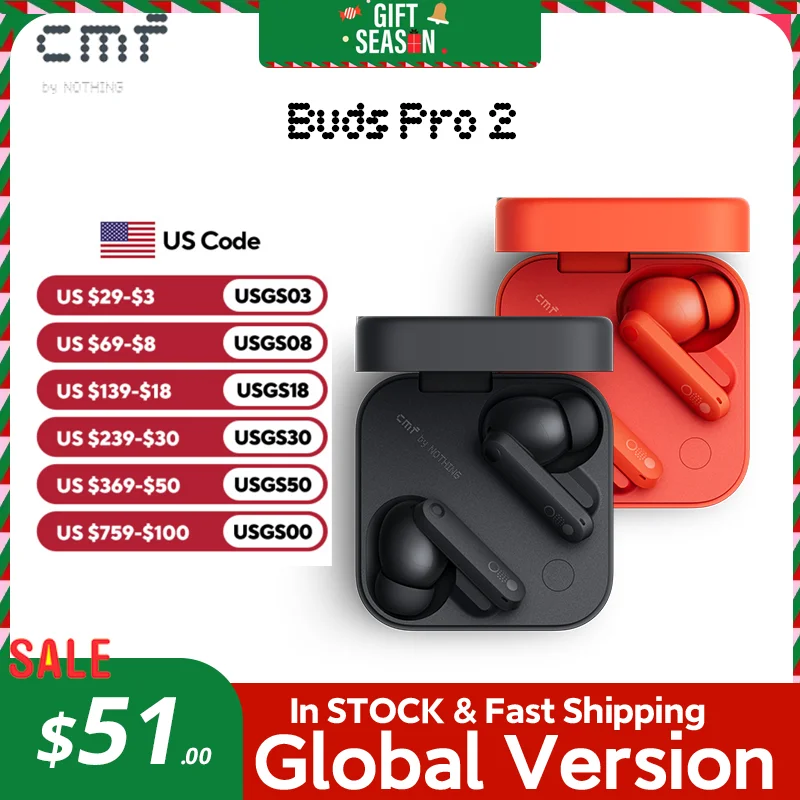 Global Verison CMF by Nothing Buds Pro 2 50dB Hybrid Active Noise Cancellation 6MICS IP55 Bluetooth 5.3