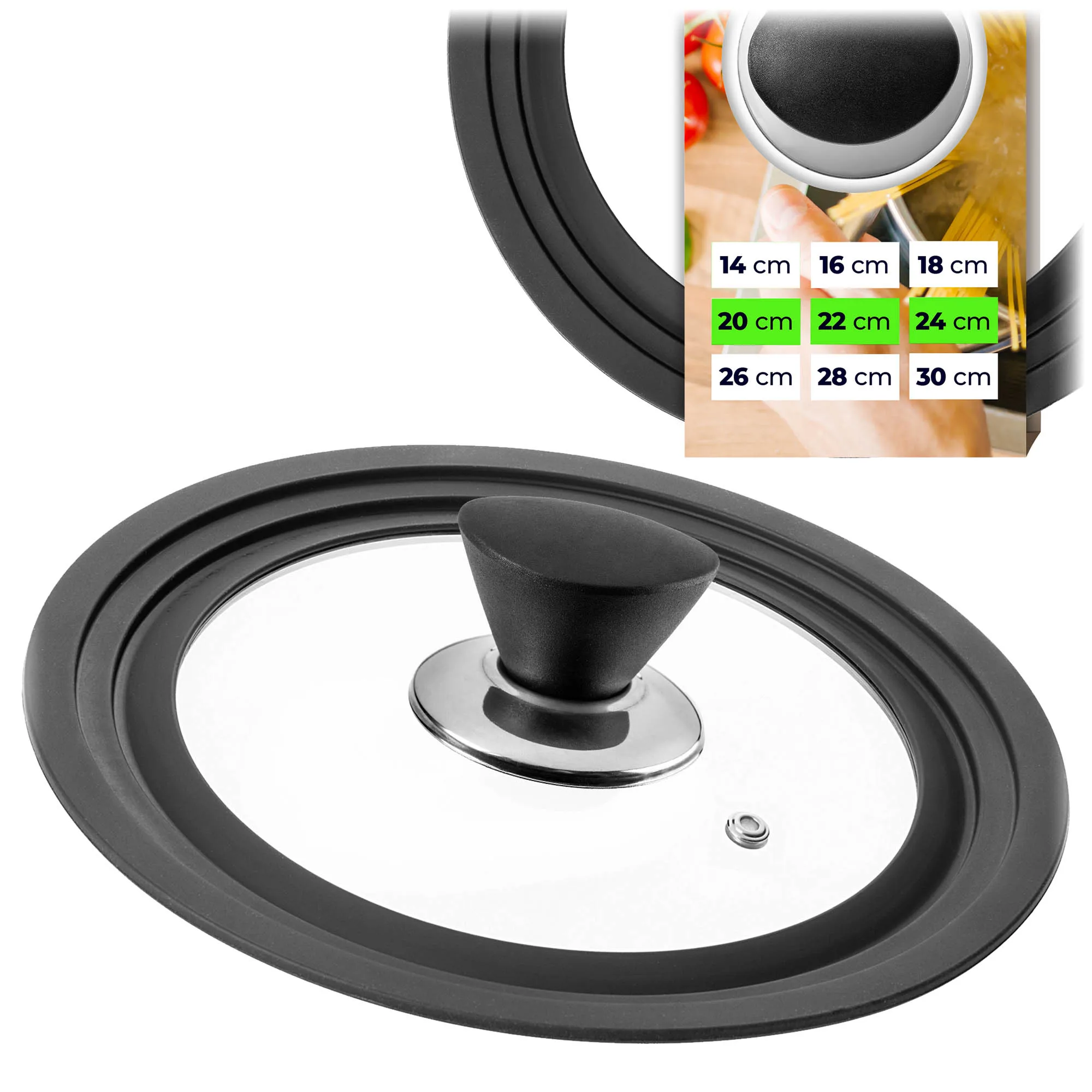 KADAX Multifunctionele Pot- en Pannenklep, Meerdere Maten, Gehard Glas met Siliconenrand, Ventilatie en Lange Hendel 20-22-24cm 1 Stuk