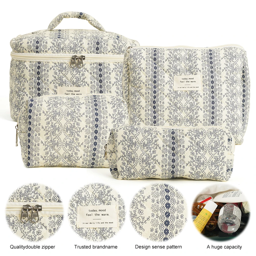 Travel Makeup Bag for Women Quilted Skincare Bag 4PCS Floral Make Up Organizer Travel Shopping Bag