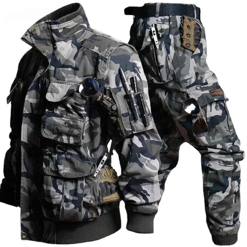 High Quality Hunting Cargo Sets Men Outdoor Multi-pocket Jackets+Hiking Windproof Pants 2 Pcs Suits Wear-resistant Tactical Set