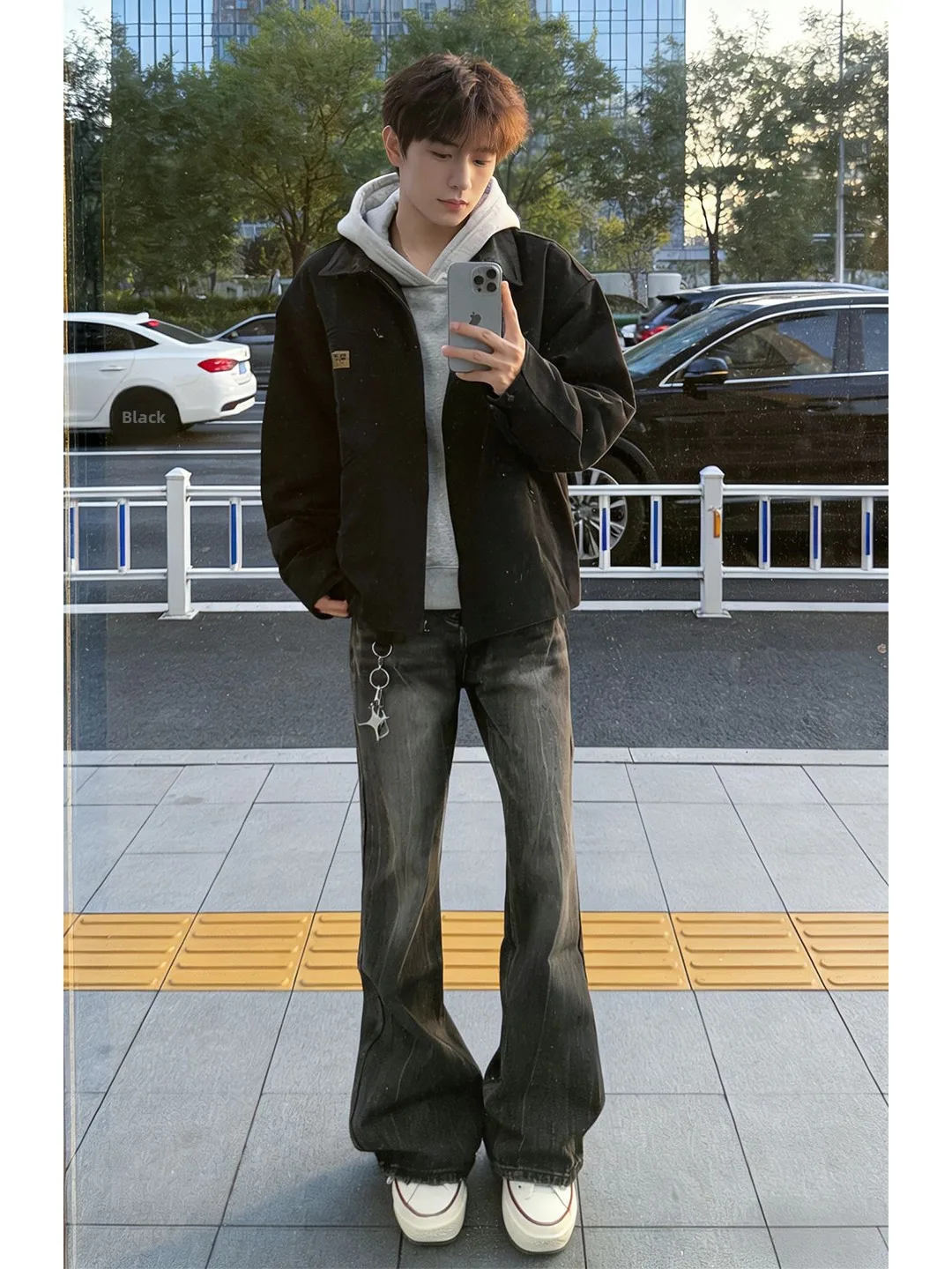 

Black Lightning Pattern Flared Jeans Men's Washed Vintage Straight Leg American High Street Vibe Casual Jeans Spring Season