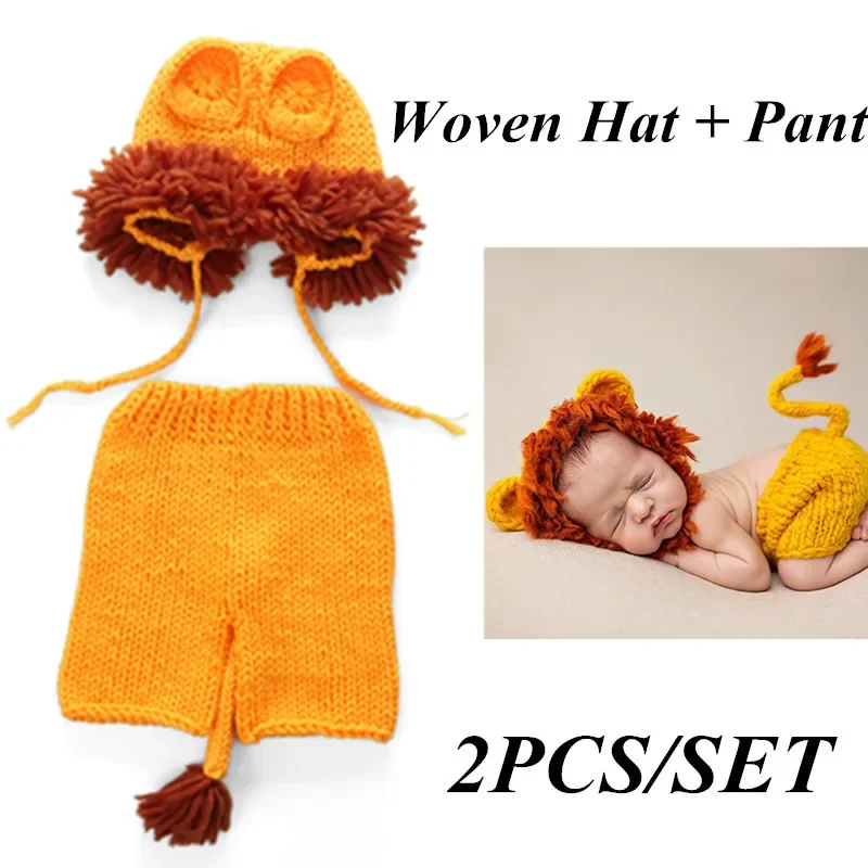 Newborn Photography Props 2pcs/set Boy Girl Costume Set Lion Animal Crochet Knit Handmade Pants Hat Baby Lion Suit Fotografia