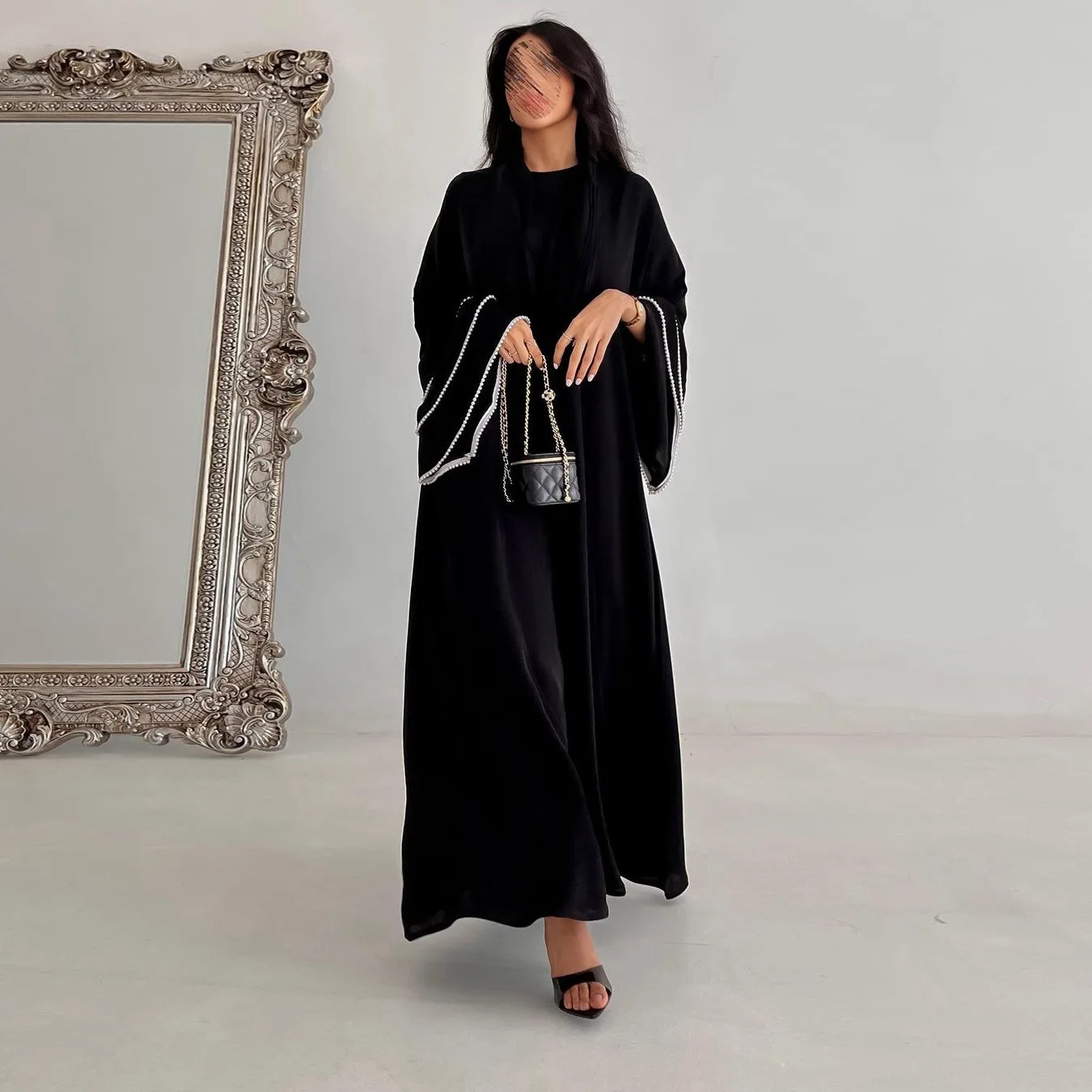 Eid Black Open Abayas for Women Bead Kimono Cardigan Muslim Dress Dubai Turkey Kaftan Kebaya Caftan Marocain Femme Robe Jalabiya