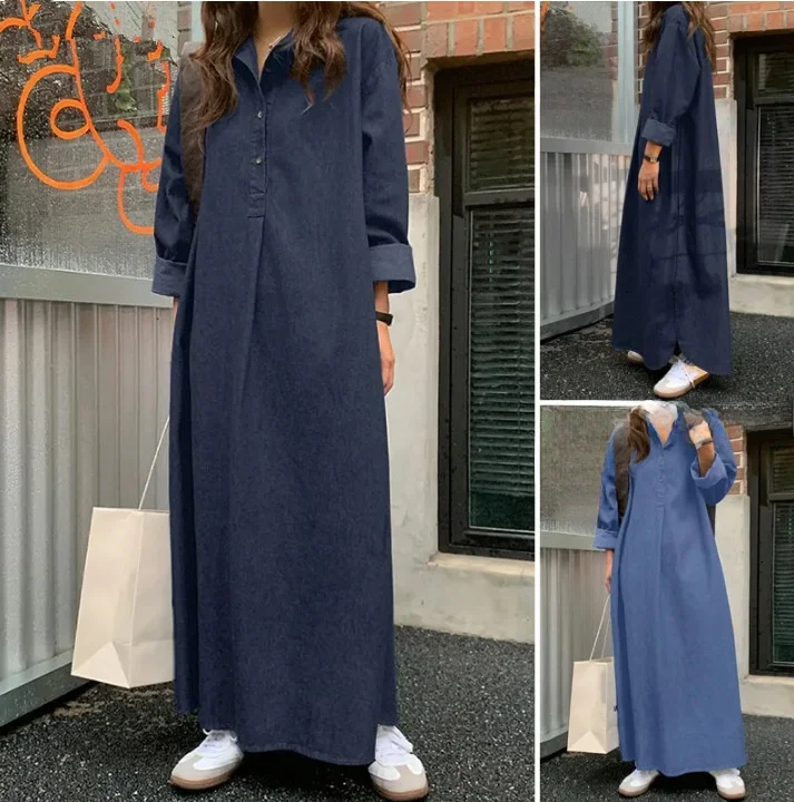 

Unique Long Oversized Denim irt Dr for Women Loose Fit plus Size A-Line Skirt Collar Tee Button Closure Pure Color