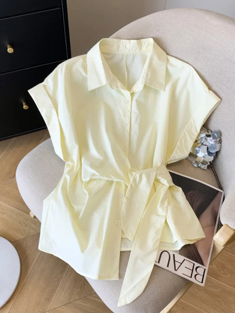 

Женская летняя рубашка с поясом, подчеркивающая талию, в стиле Dopaamine Lazy, асимметричная, из смесового хлопка, свободного кроя, без рукавов