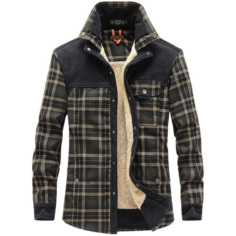 Fleece-Lined Thickened Long-Sleeve Plaid Warm Business Casual Fashion Cotton Shirt Jacket Men's