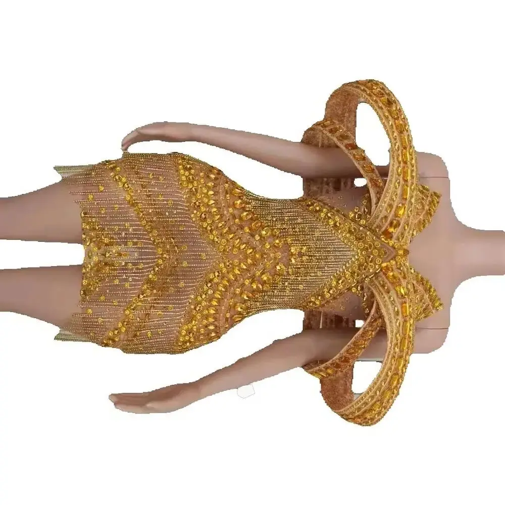 ทองเพชรสีดํา Rhinestones สั้นตาข่ายชุดผู้หญิงเซ็กซี่ฉลองชุดราตรีวันเกิด Party Photoshoot เครื่องแต่งกาย