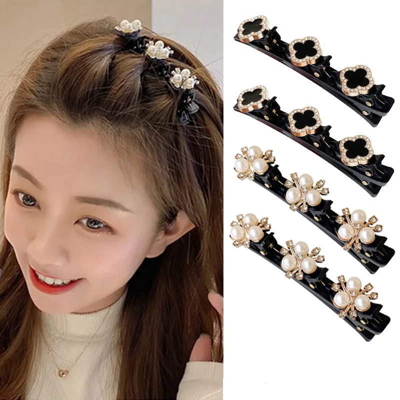 1pcs Double Layer Braided Hairclip Vintage Rhinestone Faux Pearl Black Hairpin Barrette Elegant Hair Accessories