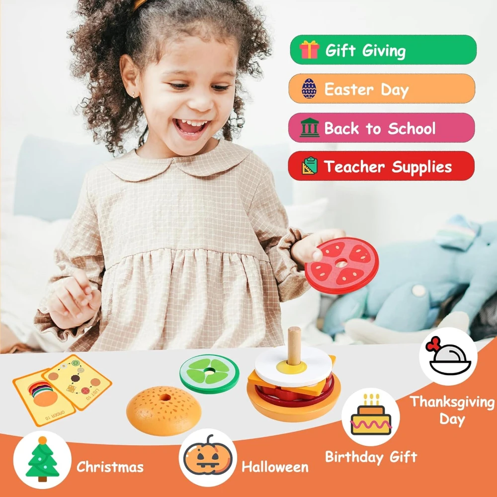 Montessori Toys for Kids, Wooden Burger Sandwich Stacking Toys for Toddler, Educational Toys Foods Learning Blocks Gifts