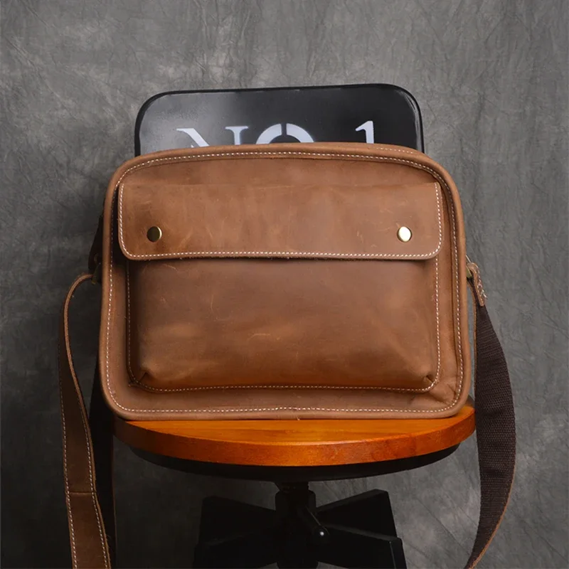 

Yy New Men's Shoulder Messenger Bag First Layer Cowhide Retro Backpack