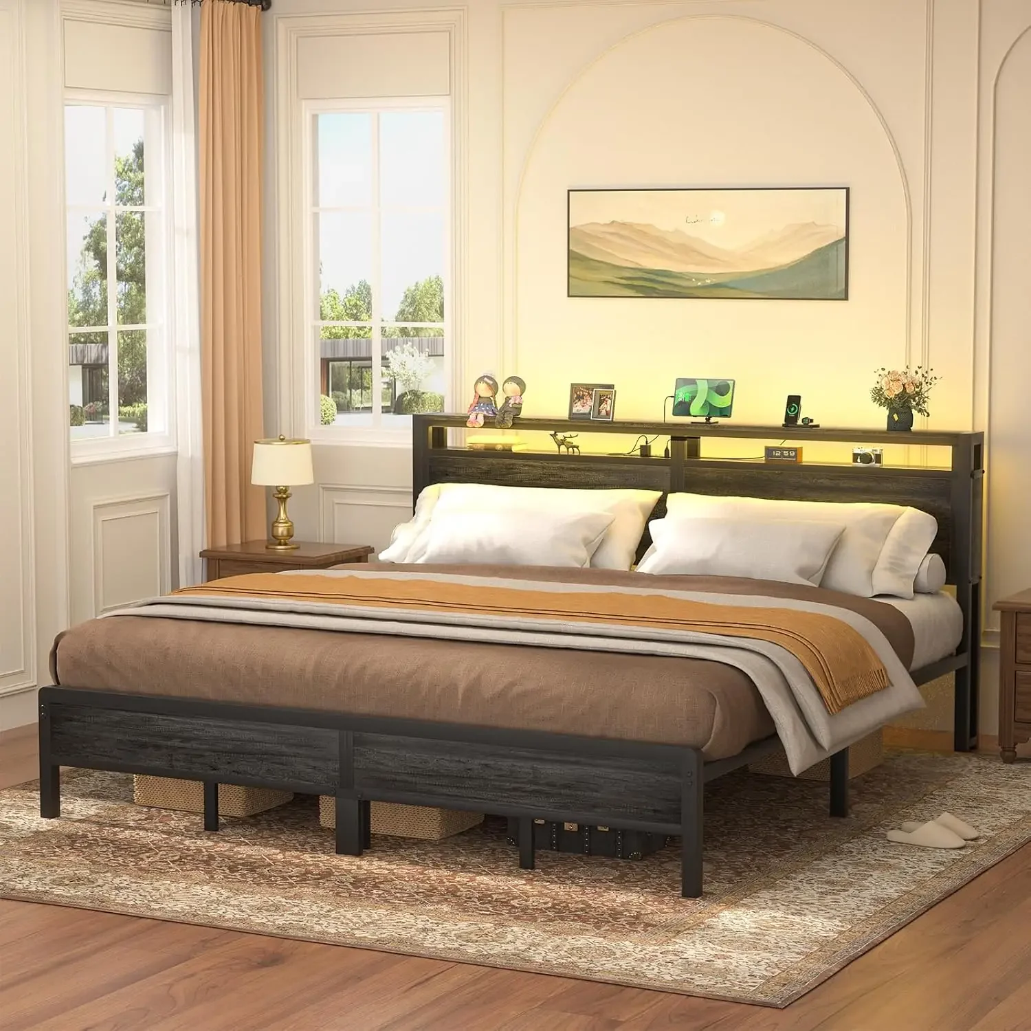 King Size Bed Frame with Charging Station and Led Lights, Industrial Metal Platform Bed with Storage Headboard, Steel S