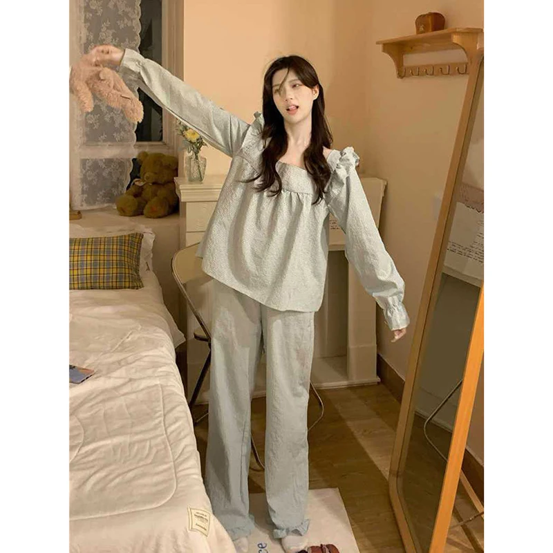 Plaid Sleepwear Women Pajama Sets Autumn Korean Pants Sets 2 Pieces Piiama Square Collar Night Wears Long Sleeve Home Suit New