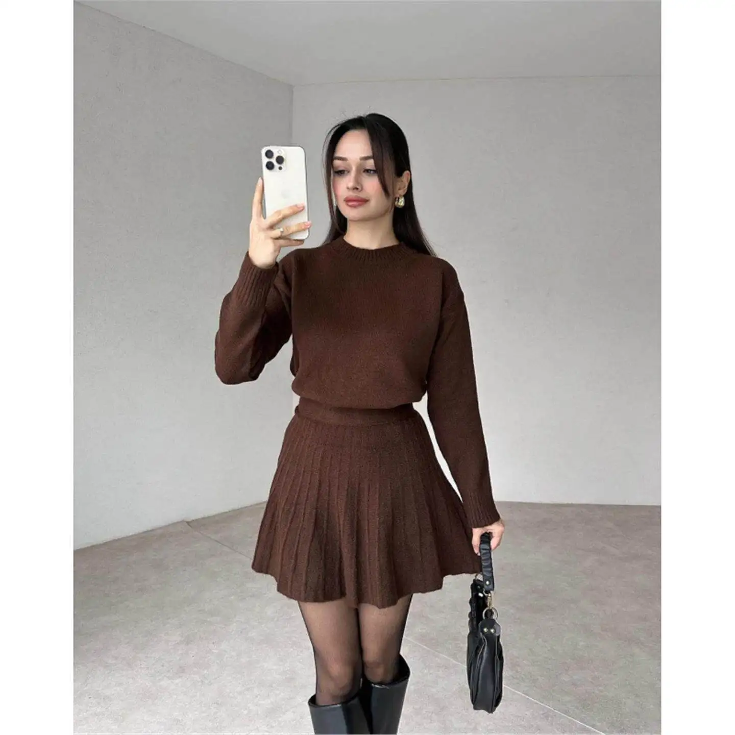 

Fashionable Knitted Short Skirt Set round Neck High Waist Midi Skirt Street Style Pure Color PVC Composite Fabric Casual Pants