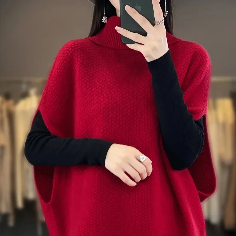 Fall/winter Fashion High-Necked Bat Sleeve Solid Color Loose Knit Vest Women Lazy Wind Vest Stacked Wear Pullover Sweater Vest