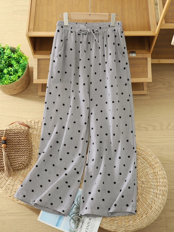 

High-End Korean Polka Dot Wide Leg Pants Elastic Waist Casual Straight Nine-Tenths Loose Fit Summer Fashion Ladies Trousers