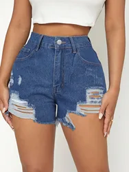 Shorts jeans desfiados para mulheres, shorts jeans com furo, moda de rua na moda, verão, novo