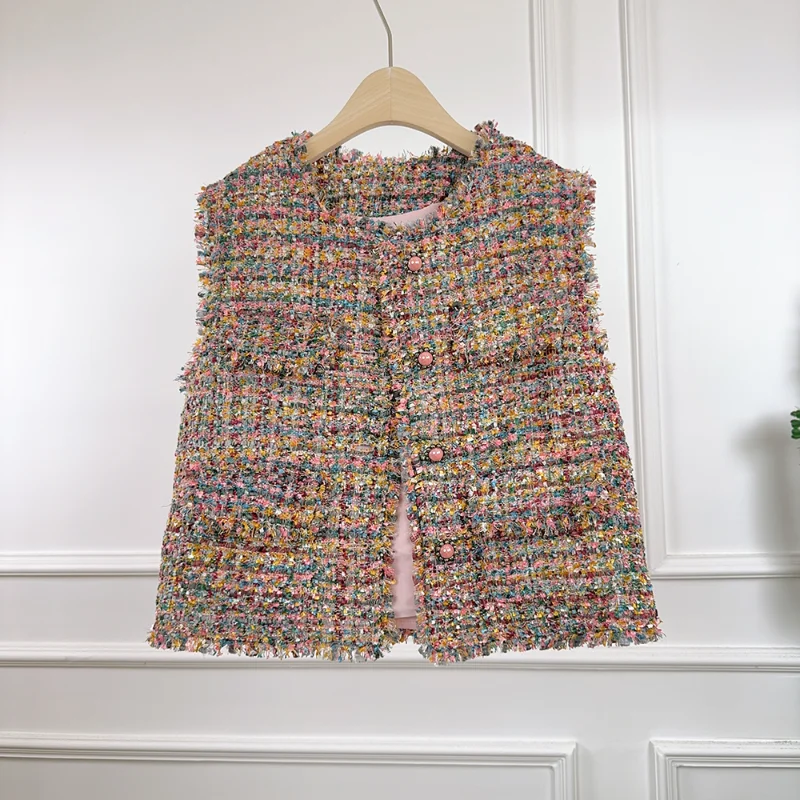 

Small Fragrance Color Round Neck Tassel Sleeveless Vest Jacket Women Fashion Tweed French Loose Casual Female Vest