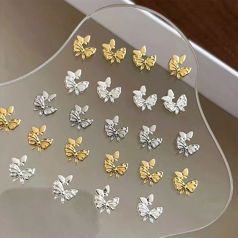 10 قطعة فراشة مزدوجة سبيكة مسمار الفن سحر الذهب/الفضة/الأبيض الأظافر زينة مجوهرات فاخرة ثلاثية الأبعاد مسمار الملحقات شقة الظهر #3